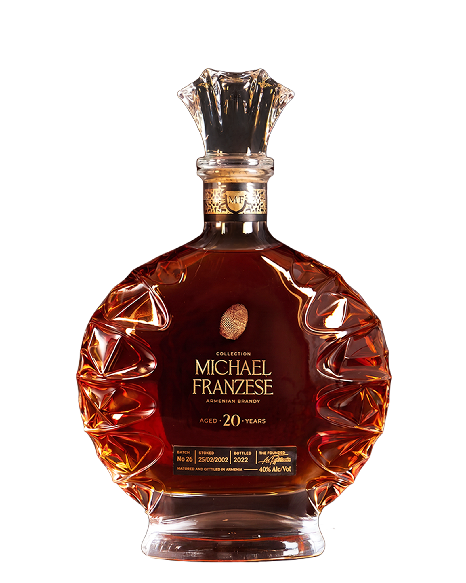 Bottle of Michael Franzese Collection aged 20 years on a white background